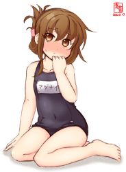 Rule 34 | 1girl, artist logo, black one-piece swimsuit, blush, brown eyes, brown hair, commentary request, dated, flat chest, folded ponytail, full body, highres, inazuma (kancolle), kanon (kurogane knights), kantai collection, long hair, looking at viewer, name connection, nose blush, one-piece swimsuit, school swimsuit, simple background, sitting, solo, swimsuit, wariza, white background