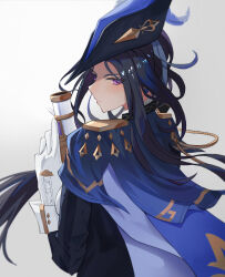 Rule 34 | 1girl, blue cape, blue hat, cape, clorinde (genshin impact), closed mouth, epaulettes, feathers, genshin impact, gloves, gun, hat, hat feather, highres, holding, holding gun, holding weapon, kyes, long hair, looking at viewer, purple eyes, simple background, solo, tricorne, upper body, v-shaped eyebrows, weapon, white background, white gloves