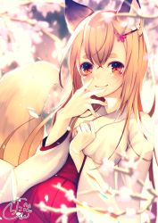 Rule 34 | 1girl, animal ear fluff, animal ears, blurry, blurry foreground, blush, branch, chita (ketchup), closed mouth, commentary request, depth of field, flower, fox ears, fox girl, fox tail, hair between eyes, hair flower, hair ornament, hairclip, hakama, hakama skirt, hands up, highres, japanese clothes, kimono, light brown hair, long hair, long sleeves, original, petals, red eyes, red flower, red hakama, signature, skirt, smile, solo, tail, tail raised, thick eyebrows, very long hair, white kimono, wide sleeves