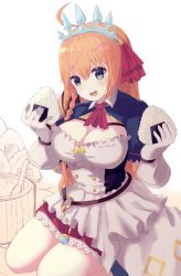 Rule 34 | 1girl, :d, ahoge, blue eyes, blush, bow, breasts, cleavage, cleavage cutout, clothing cutout, commentary, dress, food, gloves, hair between eyes, highres, holding, holding food, kneeling, large breasts, long hair, nekomo, onigiri, open mouth, orange hair, pecorine (princess connect!), princess connect!, red neckwear, sidelocks, smile, solo, tiara, white background, white dress, white gloves, yellow bow