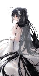 Rule 34 | 1girl, absurdres, azur lane, backless dress, backless outfit, bare shoulders, black hair, breasts, cocktail dress, dress, earrings, flower, from behind, hair flower, hair ornament, highres, jewelry, large breasts, long hair, looking at viewer, looking back, matsogum, official alternate costume, red eyes, satin dress, see-through, simple background, sleeveless, sleeveless dress, solo, taihou (azur lane), taihou (temptation on the sea breeze) (azur lane), very long hair, white background, white dress, white flower