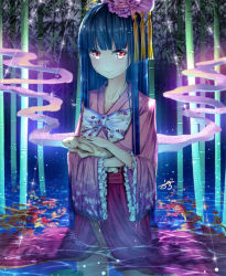 Rule 34 | 1girl, black hair, blush, bow, female focus, flower, hair flower, hair ornament, holding, houraisan kaguya, japanese clothes, long hair, looking at viewer, neo-masterpeacer, partially submerged, rabbit, red eyes, solo, standing, tears, touhou, wading