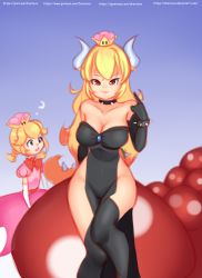 Rule 34 | 2girls, ?, arm support, bare shoulders, black dress, black gloves, black legwear, bow, bowsette, bracelet, braid, breasts, choker, cleavage, collarbone, crown, dancer, drantyno, dress, gloves, gradient background, grin, highres, horns, jewelry, large breasts, looking at viewer, mario (series), multiple girls, mushroom, new super mario bros. u deluxe, nintendo, open mouth, peachette, personification, pink dress, pointing, pointing at self, puffy sleeves, purple eyes, red eyes, short sleeves, simple background, sleeveless, sleeveless dress, smile, spiked bracelet, spiked choker, spikes, standing, super crown, super mario bros. 1, teeth, thighhighs, toadette, twin braids, white gloves