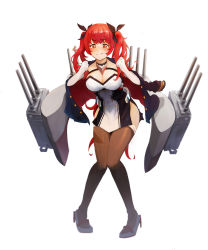 Rule 34 | 1girl, absurdres, arms up, azur lane, between breasts, black jacket, breasts, buttons, cleavage, clenched hand, double-breasted, elbow gloves, full body, gloves, gold trim, hair between eyes, hair ribbon, hand up, high heels, highres, honolulu (azur lane), jacket, jumbowhopper, knees together feet apart, long hair, off shoulder, pantyhose, parted lips, pout, red eyes, red hair, ribbon, simple background, skirt, thighhighs, twintails, white background