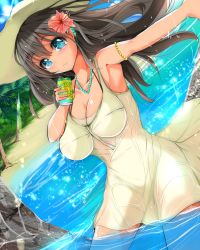 Rule 34 | 1girl, absurdres, armpits, bad id, bad pixiv id, beach, black hair, blue eyes, breasts, can, collarbone, day, dress, drink can, flower, hair flower, hair ornament, hat, highres, jewelry, large breasts, long hair, looking at viewer, necklace, original, outdoors, outstretched arm, palm tree, see-through, sleeveless, sleeveless dress, soda can, solo, sundress, tree, velia, water, wet, wet clothes, wet dress