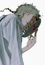 Rule 34 | 1boy, bandaid, bandaid on cheek, bandaid on face, black sclera, braid, braided ponytail, c-button, colored sclera, earrings, from behind, from below, grey hair, highres, holding, holding mask, jewelry, long sleeves, looking at viewer, looking down, male focus, mask, open mouth, orange eyes, original, pink eyes, profile, removing mask, ringed eyes, short hair with long locks, sideways glance, simple background, single braid, smirk, smoke, solo, stud earrings, teeth, upper body, white background