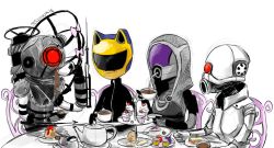 Rule 34 | 4girls, alien, artist name, big sister, bioshock, bioshock (series), bioshock 2, black bodysuit, bodysuit, bow, cake, celty sturluson, combine assassin, crossover, cup, diving helmet, drinking straw, durarara!!, failure, food, girl sandwich, half-life, half-life (series), half-life 2, helmet, jesscookie, mass effect (series), mass effect 1, multiple crossover, multiple girls, one-eyed, quarian, sandwiched, simple background, tali&#039;zorah, tea party, teacup, teapot, tiered serving stand, tiered tray, trait connection, white background, zipper