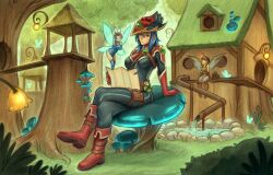 Rule 34 | 3girls, antenna hair, armor, belt buckle, belt pouch, bioluminescence, blonde hair, blue gloves, blue hair, blue skirt, boots, breasts, brown footwear, brown hair, buckle, bug, bush, butterfly, commentary, commission, crossed legs, dang (runescape), duellist&#039;s cap (tier 6), english commentary, fairy, fairy wings, flower, gloves, glowing, glowing flower, glowing mushroom, grass, hat, hatching (texture), highres, holding, holding map, insect, lamp, light frown, long hair, map, medium breasts, multiple girls, mushroom, original, pinktaco, plant, pond, potion, pouch, red footwear, red gloves, rock, runescape, second-party source, sitting, skirt, small breasts, smile, thick eyebrows, toolbox, tree, tree stump, treehouse, water pipe, wings, yellow eyes, yellow flower