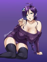Rule 34 | 1girl, alternate breast size, bare shoulders, blue eyes, breasts, cleavage, drill hair, hair ornament, hair over one eye, highres, huge breasts, long hair, off-shoulder, off-shoulder sweater, off shoulder, panties, purple hair, purple panties, sole gem, solo, sweater, thighhighs, underwear, zone-tan