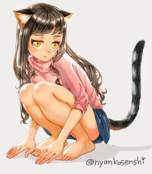 Rule 34 | 1girl, animal ears, arm support, bad id, bad pixiv id, barefoot, brown hair, cat ears, cat tail, feet, full body, green eyes, highres, legs, long hair, long sleeves, original, shadow, simple background, skirt, solo, squatting, tail, turtleneck, utaka (anyoanyot), white background