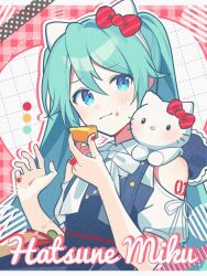 Rule 34 | 1girl, animal ears, aqua eyes, aqua hair, bare shoulders, blush, body writing, bow, cat ears, character name, crumbs, dress, fake animal ears, food, hands up, hatsune miku, hello kitty (character), highres, holding, holding food, long hair, looking at viewer, off-shoulder shirt, off shoulder, on shoulder, pinafore dress, project sekai, red background, red bow, red nails, sanrio, shirt, short sleeves, sleeveless, sleeveless dress, solo, twintails, very long hair, vocaloid, waka (wk4444), whiskers, white bow, white shirt