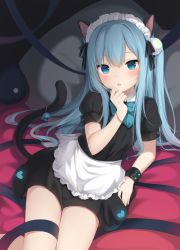 Rule 34 | 1girl, :o, alternate costume, amashiro natsuki, animal ears, apron, bed sheet, bell, black dress, blue eyes, blue hair, blush, cat ears, cat girl, cat tail, collared dress, commentary request, dress, enmaided, frilled apron, frills, hair between eyes, hair ornament, hand up, heart, highres, jingle bell, long hair, maid, maid headdress, nekoha shizuku, one side up, original, parted lips, puffy short sleeves, puffy sleeves, short sleeves, single wrist cuff, solo, tail, tail bell, tail ornament, tail raised, very long hair, waist apron, white apron, wrist cuffs