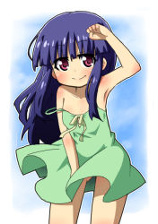 Rule 34 | 1girl, arm up, armpits, bare shoulders, blunt bangs, body blush, child, clenched hand, cloud, collarbone, cowboy shot, day, dress, flat chest, furude rika, green dress, hand on own thigh, higurashi no naku koro ni, leaning forward, light smile, long hair, looking at viewer, no bra, outdoors, outline, purple hair, red eyes, ribbon, short dress, sidelocks, sky, smile, solo, standing, strap slip, sundress, very long hair, wind, wind lift, yaya (20090410)