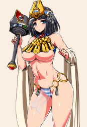 Rule 34 | 1girl, abs, black hair, blue eyes, breasts, egyptian clothes, ishimiso (ishimura), large breasts, loincloth, menace (queen&#039;s blade), midriff, queen&#039;s blade, short hair, staff, underboob