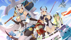 Rule 34 | 3girls, :d, ^ ^, absurdres, alencia (epic seven), anklet, arkasus, armor, armored boots, armored leotard, ass, aunt and niece, bare shoulders, black hairband, black horns, black legwear, black sleeves, blue bow, blue sky, blunt bangs, blurry, blurry foreground, boots, bow, bowtie, bracelet, breasts, carrying over shoulder, center opening, cleavage, closed eyes, cloud, commentary, covered navel, cowboy shot, creature, cross hair ornament, crystal, day, detached sleeves, dragon girl, dragon horns, dragon tail, dress, epic seven, eyebrows hidden by hair, floating, floating island, forehead jewel, garter straps, gluteal fold, green hair, hair between eyes, hair ornament, hairband, highres, holding, holding polearm, holding spear, holding weapon, horns, jewelry, large breasts, leotard, long hair, looking at another, looking at viewer, low-tied long hair, luna (epic seven), multiple girls, ocarino, open mouth, outdoors, pantyhose, pointy ears, polearm, purple dress, red eyes, shoulder armor, siblings, sidelocks, silver dress, sisters, sky, sleeveless, sleeveless dress, smile, spear, standing, standing on one leg, tail, tail bow, tail bracelet, tail ornament, teeth, thigh boots, thighhighs, underbust, upper teeth only, very long hair, weapon, white footwear, white hair, white leotard, white sleeves, wide sleeves, wind, yufine (epic seven)