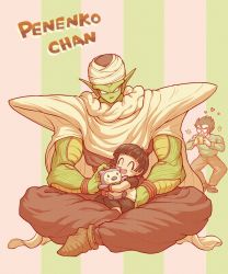 Rule 34 | 1girl, 2boys, ^ ^, age difference, cape, cellphone, child, closed eyes, colored skin, commentary request, doll, dragon ball, dragon ball super, dragon ball super super hero, eyewear on head, father and daughter, green skin, heart, highres, koukyouji, looking at another, multiple boys, muscular, muscular male, open mouth, pan (dragon ball), phone, piccolo, pointy ears, sitting, sitting on lap, sitting on person, smile, son gohan, turban