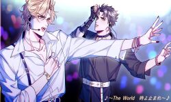 Rule 34 | 2boys, belt, black nails, blonde hair, blue eyes, blue hair, choker, commentary, dio brando, hako iix07, heart, idol, jewelry, jojo no kimyou na bouken, jonathan joestar, looking to the side, male focus, microphone, multiple boys, music, necklace, open mouth, pants, parted lips, phantom blood, ring, shirt, short hair, singing, symbol-only commentary, teeth, throat microphone, white shirt, yellow eyes