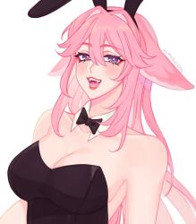 Rule 34 | 1girl, :d, animal ears, bare shoulders, black bow, black bowtie, black leotard, bow, bowtie, breasts, cleavage, commentary, detached collar, fake animal ears, fangs, fox ears, genshin impact, hair between eyes, highres, jellyponzu, large breasts, leotard, long hair, looking at viewer, open mouth, pink hair, playboy bunny, purple eyes, rabbit ears, simple background, smile, solo, strapless, strapless leotard, upper body, very long hair, white background, yae miko