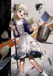 Rule 34 | 1girl, absurdres, apron, blonde hair, blue eyes, book, bow, broom, bucket, bucket of water, card, copyright name, emilico (shadows house), english text, hair bow, highres, hirooriginals, holding, holding broom, legs, long hair, maid, maid apron, open mouth, playing card, shadows house, solo
