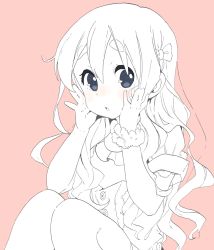 Rule 34 | 1girl, :o, bad id, bad pixiv id, blue eyes, blush, bow, buttons, casual, eyebrows, hair bow, hands on own cheeks, hands on own face, k-on!, kotobuki tsumugi, long hair, looking at viewer, monochrome, pink background, pink theme, simple background, sitting, solo, spot color, sunameri oishii, thick eyebrows, wavy hair