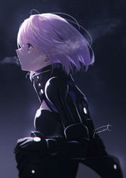 Rule 34 | 1girl, armor, armored leotard, black armor, black leotard, breastplate, breath, commentary, fate/grand order, fate (series), floating hair, fomnant, from side, highres, leotard, light purple hair, looking away, mash kyrielight, mash kyrielight (ortenaus), parted lips, profile, purple eyes, short hair, signature, sitting, solo