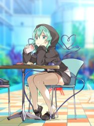 Rule 34 | 1girl, alternate costume, bad id, bad pixiv id, black footwear, blurry, blurry background, burger, casual, chair, day, drinking, fast food, food, french fries, full body, green eyes, green hair, hand on own cheek, hand on own face, hasebe yuusaku, heart, heart of string, hood, hoodie, komeiji koishi, long sleeves, looking at viewer, mcdonald&#039;s, outdoors, shoes, sitting, solo, table, thighhighs, third eye, touhou, white thighhighs, wide-eyed