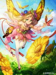 Rule 34 | 10s, 1girl, bare shoulders, blonde hair, bug, butterfly, butterfly wings, cerberus (gree), dress, flower, green eyes, hair ornament, insect, insect wings, kyouka hatori, long hair, pointy ears, seisen cerberus, smile, solo, sunflower, thighhighs, wings
