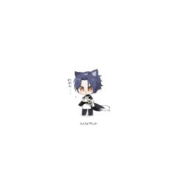 1boy :d animal_ears apron arknights asymmetrical_gloves bandaid bandaid_on_face bandaid_on_nose black_gloves black_pants black_shirt blue_hair chibi chibi_only commentary_request dog_boy dog_ears dog_tail gloves highres hishoti_cheese male_focus mismatched_gloves open_mouth orange_eyes pants shirt short_hair simple_background smile solo tail tool_belt translation_request white_apron white_background white_gloves windflit_(arknights) wire_cutters