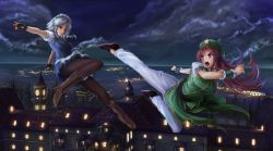 Rule 34 | 2girls, apron, beret, blue eyes, boots, braid, brown legwear, chinese clothes, colorized, fingerless gloves, flats, flying, flying kick, freeze-ex, gloves, grin, hat, hong meiling, izayoi sakuya, kicking, long hair, maid headdress, multiple girls, night, night sky, outdoors, pants, pantyhose, puffy short sleeves, puffy sleeves, red hair, scarlet devil mansion, shoes, short hair, short sleeves, silver hair, sky, smile, star (symbol), touhou, twin braids, waist apron, unfinished, wrist cuffs