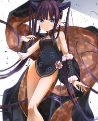 Rule 34 | 1girl, bare shoulders, black dress, blue eyes, blush, breasts, china dress, chinese clothes, detached sleeves, dress, fate/grand order, fate (series), hair ornament, leaf hair ornament, long hair, looking at viewer, purple hair, sakazakinchan, side slit, sidelocks, small breasts, smile, thighs, twintails, very long hair, yang guifei (fate), yang guifei (second ascension) (fate)