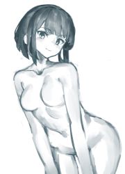 Rule 34 | 1girl, blue theme, blush, character request, closed mouth, collarbone, completely nude, copyright request, greyscale, highres, monochrome, navel, nude, short hair, simple background, sketch, smile, solo, white background, yanyan (shinken gomi)