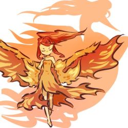 Rule 34 | 1990s (style), 1girl, bare shoulders, barefoot, bird, closed eyes, costume, creatures (company), fiery hair, fiery wings, fire, game freak, gen 1 pokemon, hitec, legendary pokemon, long hair, moemon, moltres, nintendo, personification, pokemon, pokemon (creature), pokemon rgby, ponytail, red hair, red theme, retro artstyle, silhouette, sleeveless, solo, wings