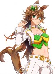 Rule 34 | 1girl, ahoge, animal ears, blush, breasts, brown hair, choker, closed mouth, collarbone, commentary request, cowboy shot, cropped jacket, green eyes, green shirt, groin, hair between eyes, hair ornament, hairclip, hand up, hat, highres, horse ears, horse girl, horse tail, insein, jacket, long hair, long sleeves, looking at viewer, medium breasts, midriff, mini hat, mini top hat, mr. c.b. (umamusume), navel, open clothes, open jacket, pants, partial commentary, shirt, sidelocks, simple background, single bare shoulder, single sleeve, smile, solo, standing, strapless, strapless shirt, tail, top hat, umamusume, white background, white jacket, white pants, yellow choker