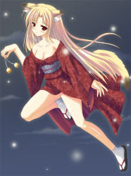 Rule 34 | 1girl, animal ears, bare shoulders, breasts, cleavage, fox ears, japanese clothes, kimono, medium breasts, original, skywaker, solo, tail