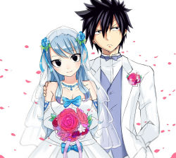 Rule 34 | 1boy, 1girl, black eyes, black hair, blue hair, bouquet, breasts, bridal veil, cleavage, dress, fairy tail, flower, gray fullbuster, hand on another&#039;s shoulder, jewelry, juvia lockser, large breasts, long hair, necklace, petals, rose petals, smile, strapless, strapless dress, tuxedo, veil, wedding dress, white dress, yue (pixiv4635680)