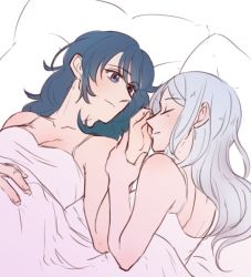Rule 34 | 2girls, bare shoulders, bed sheet, blanket, blue eyes, blue hair, blush, breasts, byleth (female) (fire emblem), byleth (fire emblem), cleavage, closed mouth, collarbone, commentary request, couple, edelgard von hresvelg, fire emblem, fire emblem: three houses, from side, hair between eyes, holding another&#039;s arm, long hair, looking at another, lying, multiple girls, nintendo, on back, pillow, riromomo, sidelocks, simple background, sleeveless, smile, white background, white hair, yuri