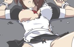 Rule 34 | 1girl, apron, black dress, bow, breasts, breasts out, brown hair, dress, closed eyes, frills, hiroishi rin, kuroyoshi, lying, maid, maid apron, nipples, no bra, on back, on floor, panties, red bow, red neckwear, solo, torn clothes, torn dress, underwear, white panties, zettai shougeki