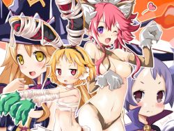 Rule 34 | 4girls, ;d, alternate costume, animal ears, artist name, bandages, blonde hair, blush, breasts, bright pupils, cat ears, cosplay, disgaea, earmuffs, eyebrows, hairband, halloween, hat, heart, highres, iwashi dorobou -r-, liezerota, long hair, looking at viewer, majo to hyakkihei, majorita (disgaea), makai senki disgaea 5, medium breasts, metallica (majo to hyakkihei), metallica (majo to hyakkihei) (cosplay), multiple girls, navel, one eye closed, open mouth, outstretched arms, paw pose, pink hair, pointy ears, purple eyes, purple hair, rabbit earmuffs, rabbit ears, red eyes, revealing clothes, seraphina (disgaea), short hair, small breasts, smile, thick eyebrows, usalia (disgaea), witch hat, yellow eyes, zombie pose
