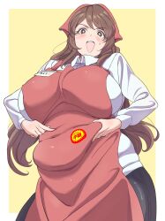 Rule 34 | 1girl, absurdres, apron, belly grab, blush, border, breasts, brown eyes, brown hair, commentary request, covered erect nipples, covered navel, cowboy shot, hair between eyes, highres, huge breasts, id card, karaage53ko, long hair, long sleeves, looking at viewer, open mouth, original, outside border, plump, pointing, pointing at self, red apron, shirt, simple background, solo, sticker, sweatdrop, tareme, teeth, translation request, upper teeth only, white border, white shirt, wing collar, yellow background
