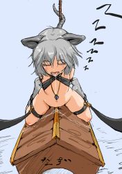 Rule 34 | 1girl, animal ears, bdsm, bondage, bound, doghouse, female focus, frogtie, from above, grey hair, jewelry, mersoleil03, mouse ears, mouse tail, muronomoto (shugyou chuu), nazrin, necklace, nude, pendant, pussy juice, saliva, simple background, sleeping, socks, solo, tail, touhou, wooden horse, zzz