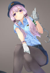 Rule 34 | 1girl, armlet, belt, blue shirt, blue skirt, blush, bracelet, buttons, chain, closed mouth, collar, collared shirt, cuffs, dress shirt, dutch angle, emblem, female service cap, from below, gloves, grey background, grey pantyhose, hair tubes, hand on own knee, handcuffs, hat, highres, holding, jewelry, kanzen bouon, looking at viewer, looking down, low twintails, pantyhose, pencil skirt, pocket, police, police hat, police uniform, policewoman, purple eyes, purple hair, serious, shirt, simple background, sitting, skirt, solo, star (symbol), tareme, twintails, uniform, vocaloid, voiceroid, white gloves, yuzuki yukari