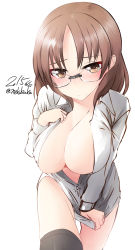 Rule 34 | 10s, 1girl, bad id, bad pixiv id, breasts, brown eyes, brown hair, chiyoda (kancolle), cleavage, glasses, heart, heart-shaped pupils, highres, kantai collection, large breasts, long hair, nekobaka, open clothes, open shirt, shirt, shirt tug, simple background, solo, symbol-shaped pupils, thighhighs