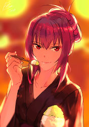 Rule 34 | 1girl, black kimono, blurry, blurry background, collarbone, fare, fate/grand order, fate (series), food, hair between eyes, holding, japanese clothes, kimono, long hair, looking at viewer, purple hair, red eyes, scathach (fate), shaved ice, signature, sketch, solo, upper body, yukata