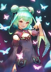 Rule 34 | 1girl, bug, butterfly, cowboy shot, detached sleeves, double bun, dress, frilled dress, frills, glowing butterfly, green hair, hair bun, hair ornament, hair ribbon, highres, hololive, insect, niu heimar, open mouth, red eyes, ribbon, skull hair ornament, smile, solo, uruha rushia, uruha rushia (1st costume), virtual youtuber