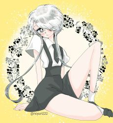 Rule 34 | 1other, androgynous, bad id, bad twitter id, crystal hair, gem uniform (houseki no kuni), ghost quartz (houseki no kuni), grey eyes, hair over one eye, houseki no kuni, looking at viewer, necktie, short hair with long locks, sitting, smile, solo, sparkle, suspenders, white hair, yellow background