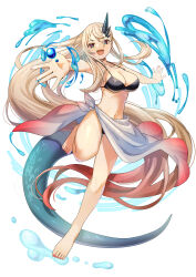 Rule 34 | 1girl, :d, bare legs, bare shoulders, barefoot, bikini, black bikini, blue eyes, blue nails, breasts, cleavage, dragon tail, full body, highres, horns, large breasts, long hair, looking at viewer, multicolored eyes, nail polish, navel, open mouth, original, outstretched arms, outstretched hand, red eyes, red nails, ryofuhiko, sarong, simple background, smile, solo, swimsuit, tail, toenail polish, toenails, very long hair, water, white background, white sarong