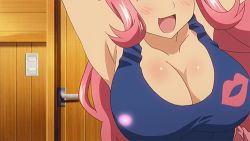Rule 34 | 1girl, animated, animated gif, bare shoulders, bouncing breasts, breasts, celia ootsuka, cleavage, gender request, genderswap, head out of frame, heart, large breasts, long hair, lowres, maken-ki!, open mouth, pink hair, solo, takami akio, tank top