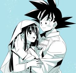 Rule 34 | 1boy, 1girl, :d, aqua background, aqua theme, black eyes, black hair, blanket, blunt bangs, bracelet, chi-chi (dragon ball), china dress, chinese clothes, couple, dragon ball, dress, fingernails, hand on another&#039;s head, happy, height difference, hetero, hime cut, jewelry, kanekiyo miwa, long hair, long sleeves, looking at another, looking down, monochrome, open mouth, shaded face, sidelocks, simple background, smile, son goku, sparkle background, spiked hair, spot color, standing, under covers, upper body