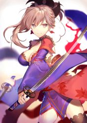 Rule 34 | 1girl, asymmetrical hair, autumn leaves, bad id, bad twitter id, black thighhighs, blue eyes, blue kimono, breasts, cleavage, detached sleeves, dual wielding, earrings, fate/grand order, fate (series), hair between eyes, hair ornament, highres, holding, holding sword, holding weapon, japanese clothes, jewelry, katana, kimono, kouyafu, large breasts, leaf print, looking at viewer, maple leaf print, miyamoto musashi (fate), miyamoto musashi (third ascension) (fate), obi, pink hair, ponytail, sash, short kimono, sleeveless, sleeveless kimono, solo, sword, thighhighs, thighs, unsheathed, v-shaped eyebrows, weapon, wide sleeves