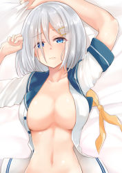 Rule 34 | 10s, 1girl, arm up, bed sheet, blue eyes, blush, breasts, buttons, cleavage, closed mouth, collarbone, eyebrows, from above, frown, hair ornament, hair over one eye, hairclip, hamakaze (kancolle), kantai collection, looking at viewer, looking up, lying, medium breasts, naigou, navel, unworn neckerchief, neneru, no bra, on back, open clothes, open shirt, pink lips, revision, school uniform, serafuku, sheet grab, shiny skin, shirt, short hair, silver hair, solo, stomach, unbuttoned, unbuttoned shirt, upper body, white shirt